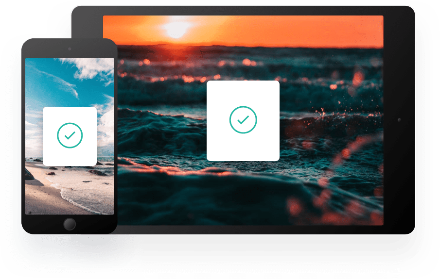 an image of a tablet and a mobile both with a background of the sea and top of that is a another image with a white background and in the center a green check mark icon